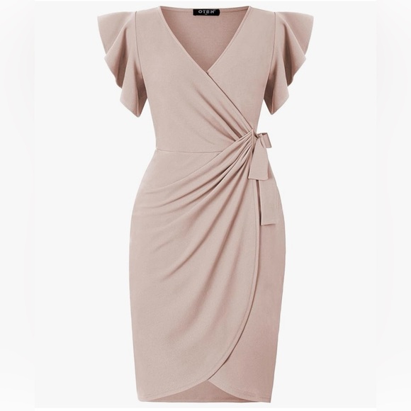 Elegant V-Neck Midi Dress in Soft Pink - Picture 2 of 14